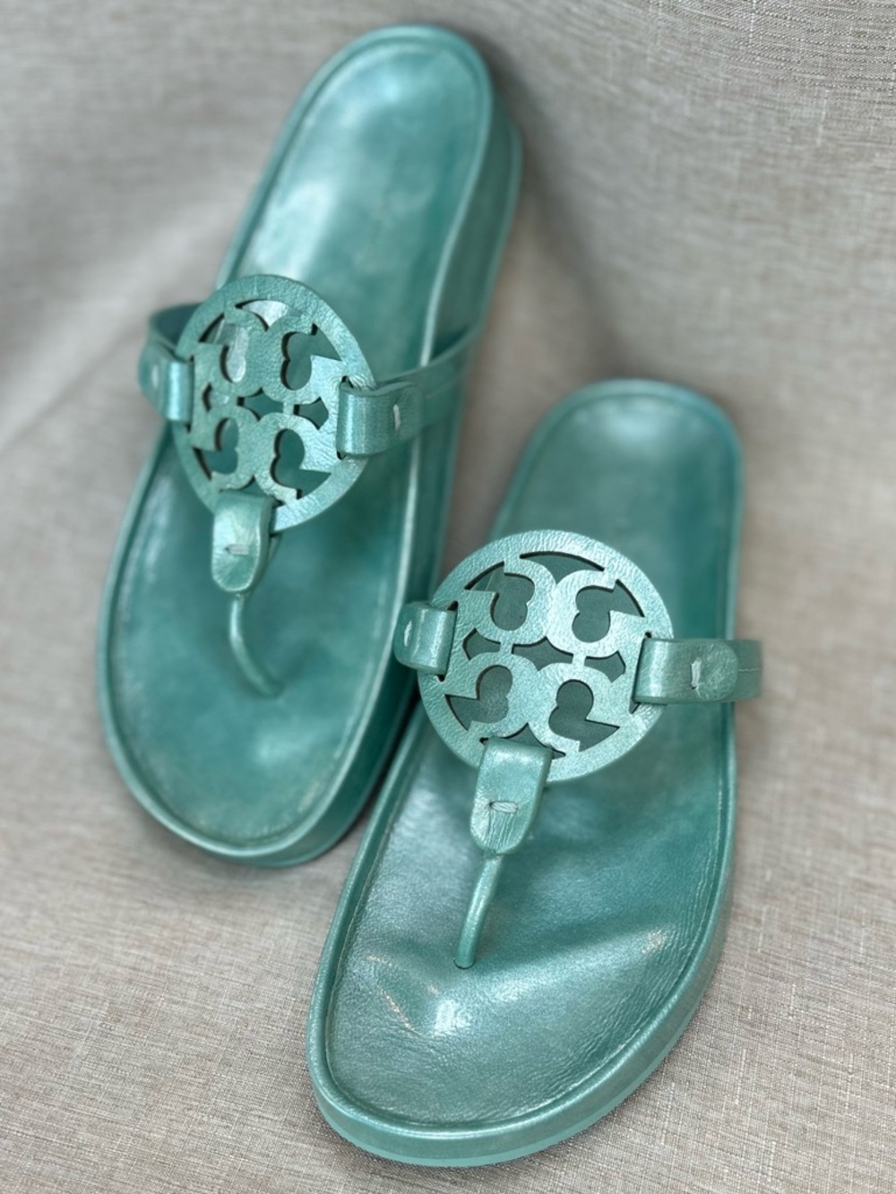 NWOT Tory Burch Miller Cloud Sandals, Metallic Audrey Blue Leather - Size 8.5